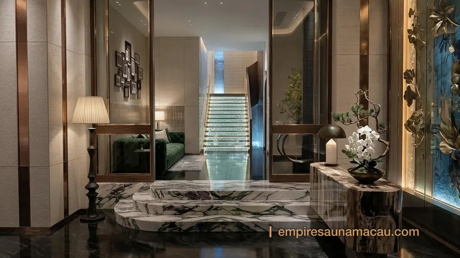The marble lobby at Empire Sauna Macau, a polished dark marble floor and a few marble steps, two wood-framed glass doors with a staircase behind them, and a glowing wall on the right